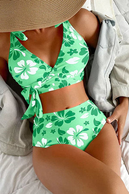 Bikini för dam - Omlottopp med knytband - Breda axelband - Hög midja - Blommigt mönster