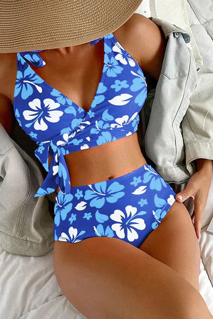 Bikini för dam - Omlottopp med knytband - Breda axelband - Hög midja - Blommigt mönster