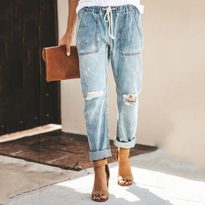 Dam Jeansjoggers - Denim - Avslappnad Passform - Resårmidja med Dragsko - Distressed