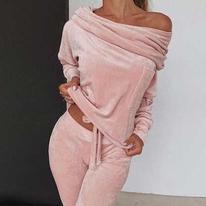 Dam Lounge Set - Mjuk Velour - Off-Shoulder Tröja & Joggerbyxa med Resår