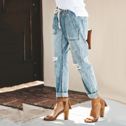 Dam Jeansjoggers - Denim - Avslappnad Passform - Resårmidja med Dragsko - Distressed