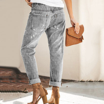 Dam Jeansjoggers - Denim - Avslappnad Passform - Resårmidja med Dragsko - Distressed