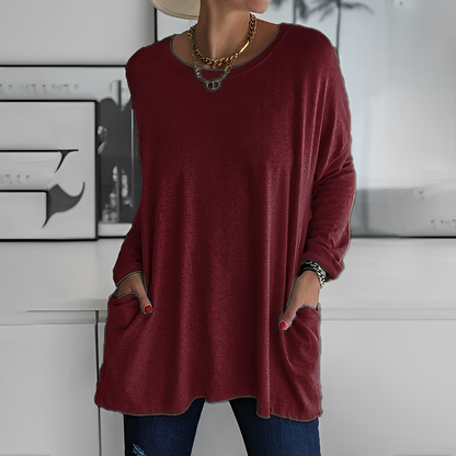 Dam Blus - Oversized Passform - Långärmad med Rund Hals - Bekväm och Andas
