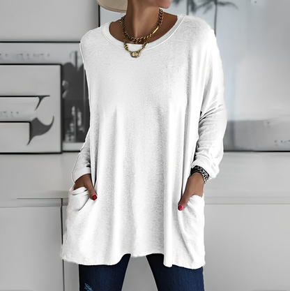 Dam Blus - Oversized Passform - Långärmad med Rund Hals - Bekväm och Andas