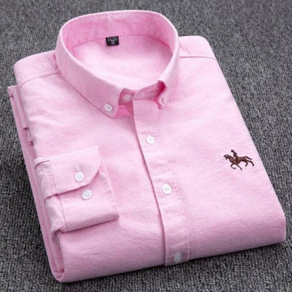Herrskjorta - Bomullsblandning - Button-down Krage - Långärmad - Broderad Detalj