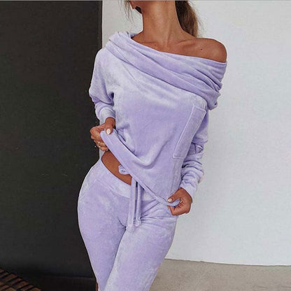 Dam Lounge Set - Mjuk Velour - Off-Shoulder Tröja & Joggerbyxa med Resår