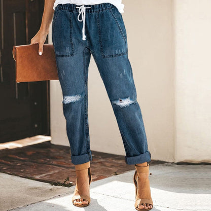 Dam Jeansjoggers - Denim - Avslappnad Passform - Resårmidja med Dragsko - Distressed