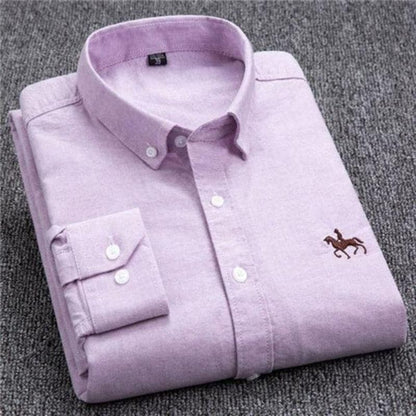 Herrskjorta - Bomullsblandning - Button-down Krage - Långärmad - Broderad Detalj