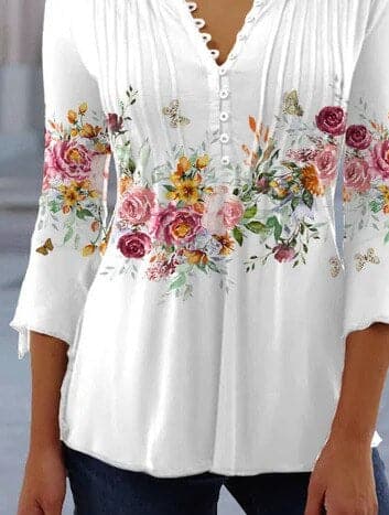 Damblus – Blommigt Mönster – Rund Hals med Knappdetalj – Trekvartsärm – Avslappnad Passform