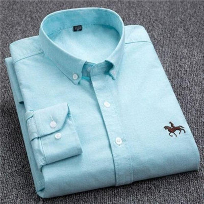 Herrskjorta - Bomullsblandning - Button-down Krage - Långärmad - Broderad Detalj