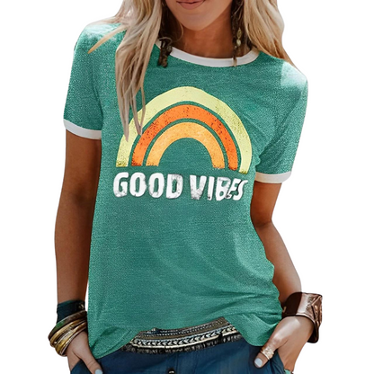 Dam T-shirt – Mjuk Bomull – Relaxed Fit – Rund Hals – Kortärmad med Kontrastkant