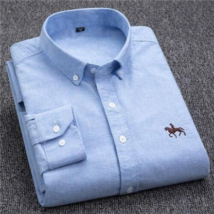 Herrskjorta - Bomullsblandning - Button-down Krage - Långärmad - Broderad Detalj