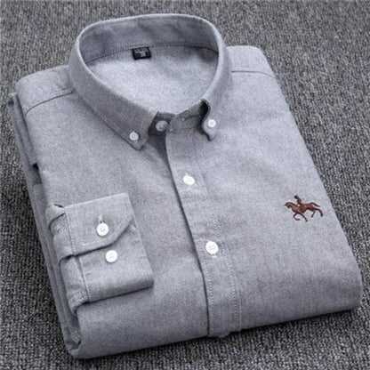 Herrskjorta - Bomullsblandning - Button-down Krage - Långärmad - Broderad Detalj