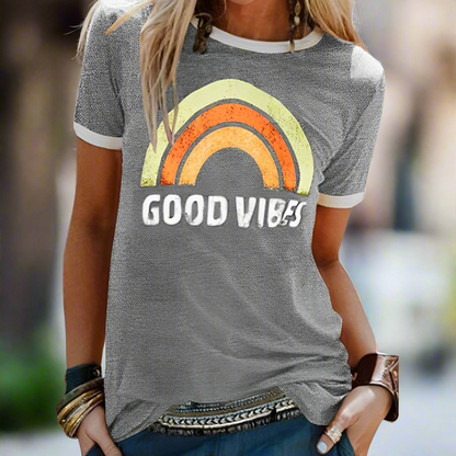 Dam T-shirt – Mjuk Bomull – Relaxed Fit – Rund Hals – Kortärmad med Kontrastkant