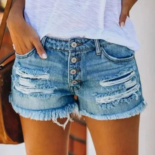 Dam Jeansshorts - Distressed Look - Rå Kant - Knappgylf - Trendig och Casual