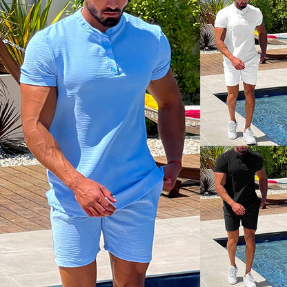 Herr Set – Kortärmad Henley T-Shirt & Shorts – Slim Fit – Andningsbart & Bekvämt